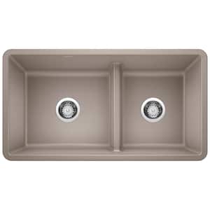 PRECIS Undermount Granite Composite 33 in. 60/40 Double Bowl Kitchen Sink with Low Divide in Truffle