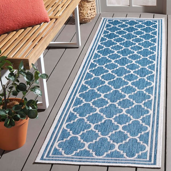 Beach House Blue/Ivory 2 ft. x 8 ft. Border Trellis Indoor/Outdoor Runner Rug