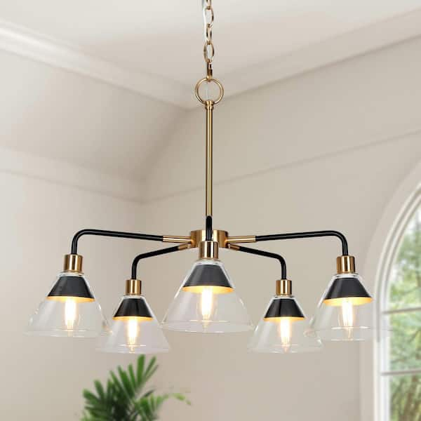 Uolfin 5-Light Modern Black & Brass Island Chandelier Light with Clear Glass Shades