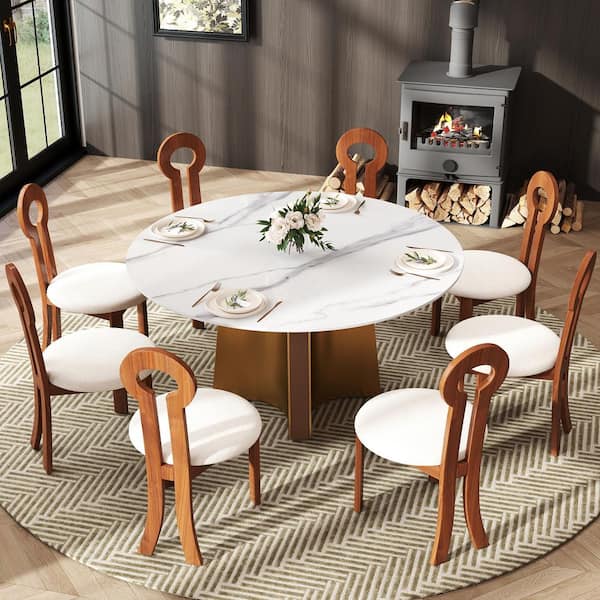 Magic Home 59.0 in. White Round Sintered Stone Tabletop Gold Pedestal Base Kitchen Dining Table (Seats-8)