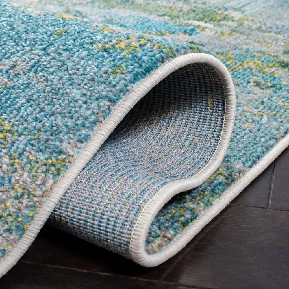 Light Blue and Green Synthetic 8' x 8' Square Abstract Area Rug