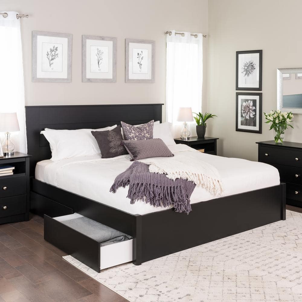 Elegant King-Sized Platform Bed with Upholstered Wood Frame and Storage Drawers