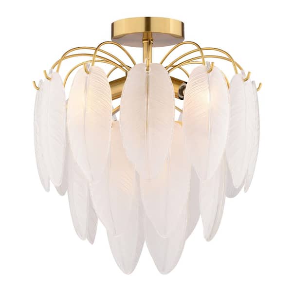 Burbank 13.5 in. 4-Light Muted Gold Brass Waterfall Semi Flush Mount Lighting Ceiling Fixture, White Leaf Glass Shade