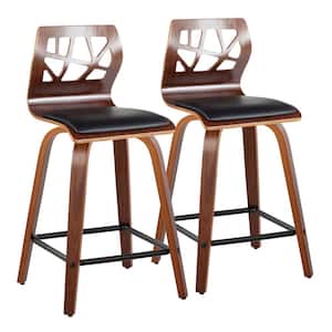 Folia 23.5 in. Black Faux Leather, Walnut Wood, and Black Metal Fixed-Height Counter Stool (Set of 2)