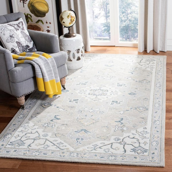 Micro-Loop Light Grey/Ivory 7 ft. x 7 ft. Medallion Border Square Area Rug