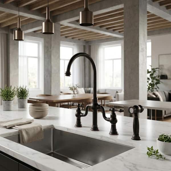 2-Handle Bridge Kitchen Faucet with Side Sprayer in Oil Rubbed Bronze