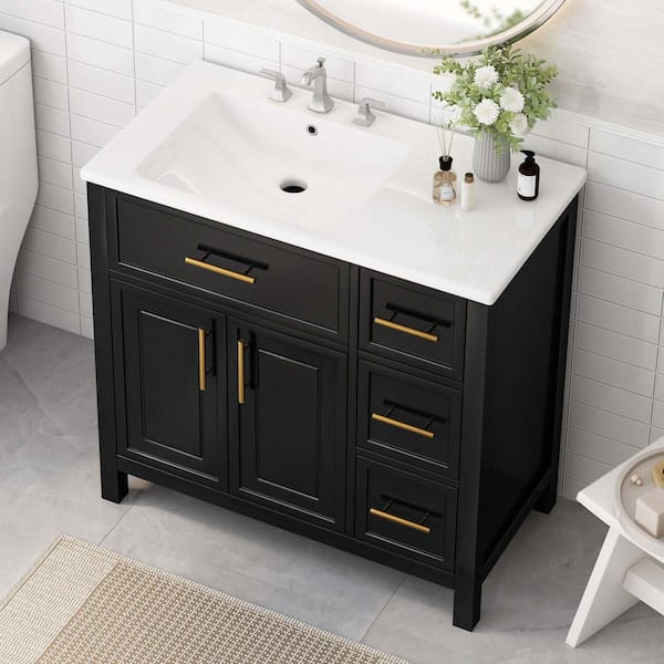 36 in. Single Sink Black Bath Vanity with White Ceramic Top (Self Assembly Needed)
