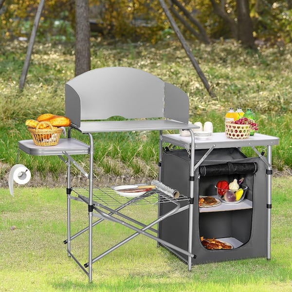 Portable Foldable Camping Table Outdoor BBQ Portable Grilling Stand in Silver with Windscreen Bag Chair