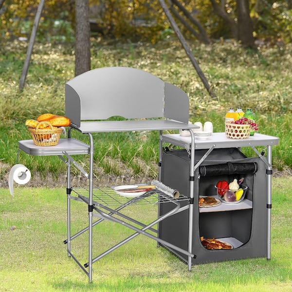 Reviews for Costway Portable Foldable Camping Table Outdoor BBQ Portable Grilling Stand in Silver with Windscreen Bag Chair Pg 1 The Home Depot