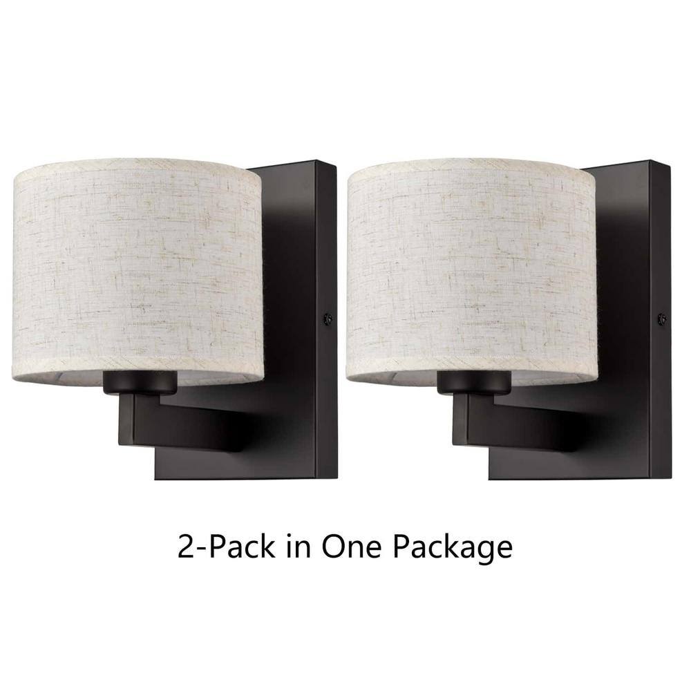 Matte Black Wall Sconce with Beige Fabric Drum Shade