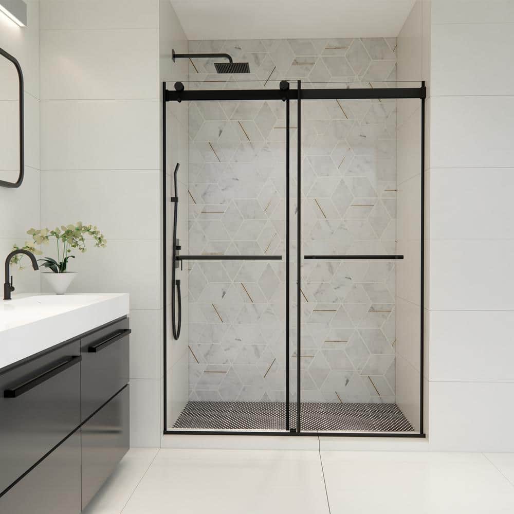 Belizzi 56" Matte Black Frameless Shower Door with Clear Glass