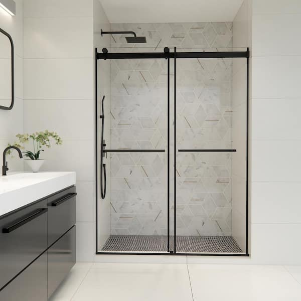 Belizzi 56 in. W x 76 in. H Sliding Frameless Shower Door in Matte Black Finish with Clear Glass