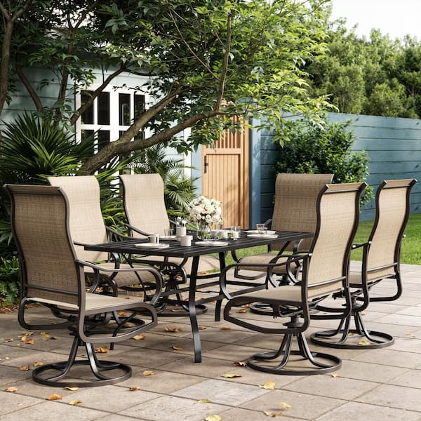 Brown Iron Metal 6-Person Outdoor Dining Set With 53 in. x 30 in. Rectangular Table, Number of 7 Pieces.