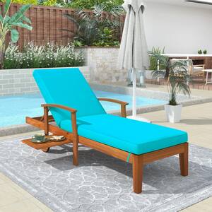 Brown 1-Piece Wood Outdoor Chaise Lounge Chair with Blue Cushion
