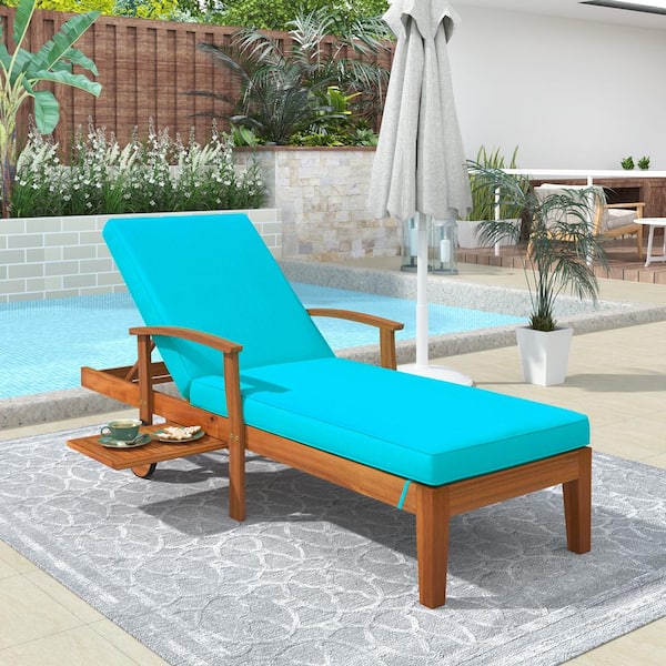 ToolCat Brown 1-Piece Wood Outdoor Chaise Lounge Chair with Blue Cushion