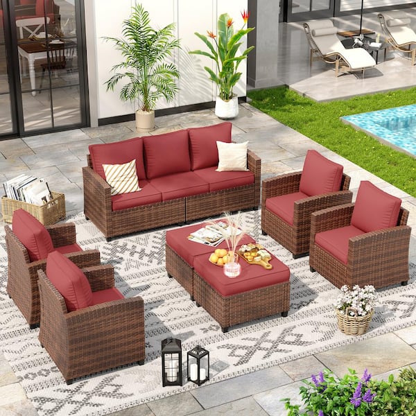 Brown Wicker 7-Person Outdoor Seating Group With Red Cushions (1-3-Seat Sofa, 4-Single Sofa, 2-Ottomans)
