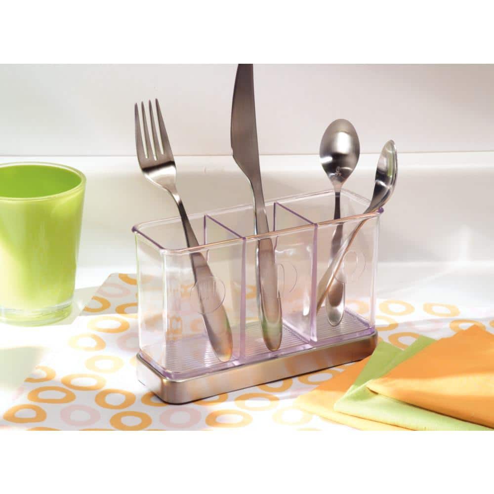 Clear Plastic and Stainless Steel Utensil Holder with 3 Compartments