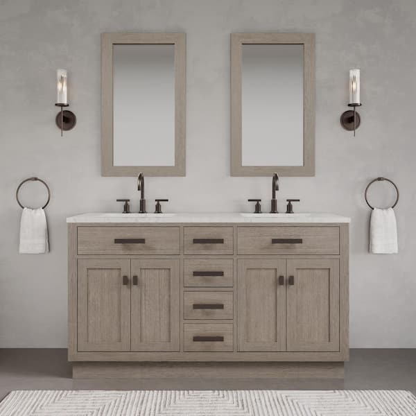 Chestnut 60 in. W x 21.5 in. D x 34.2 in. H Double Sink Bath Vanity in Grey Oak with Carrara White Marble Top