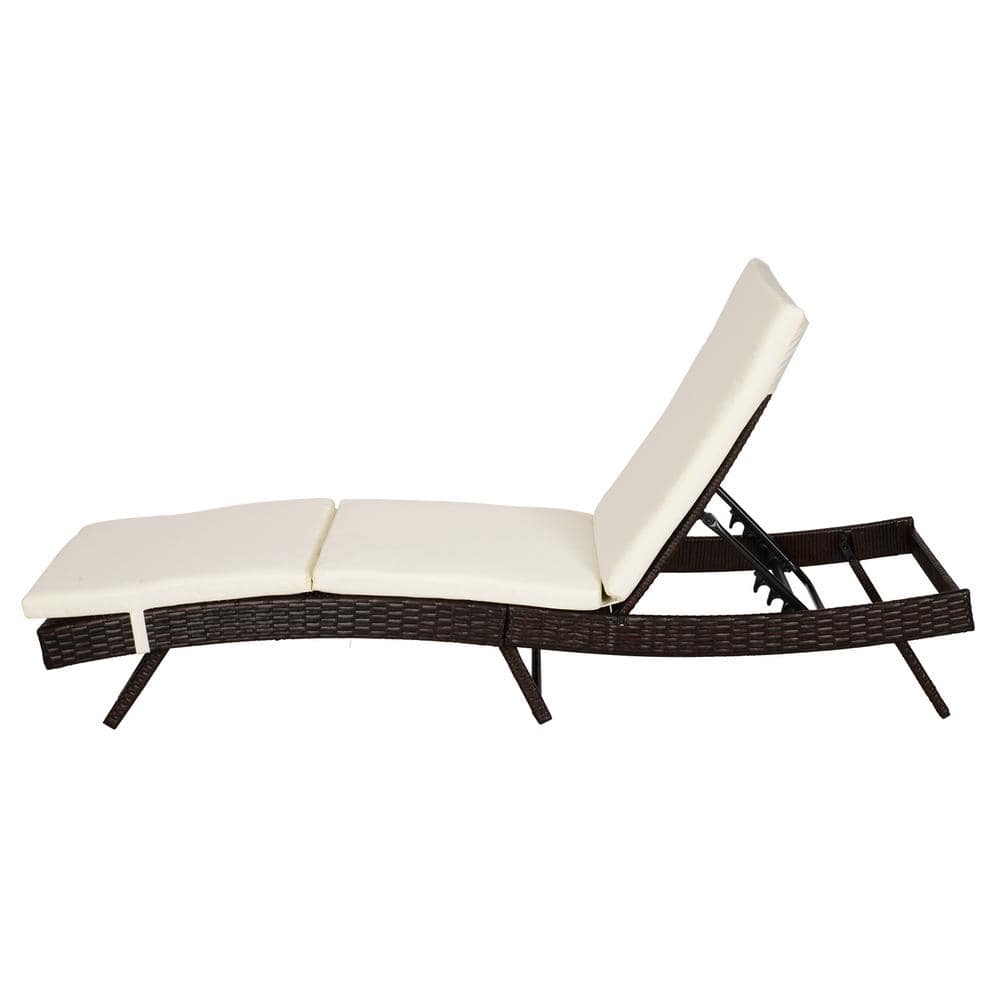 Adjustable Brown Rattan Chaise Lounge with Cream Cushions