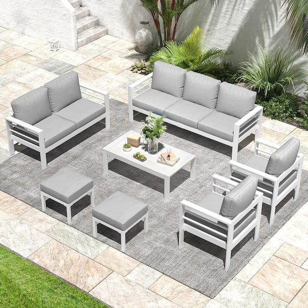 Sudzendf 7-Piece Wicker Outdoor Conversation Patio Furniture Set with Gray Cushions