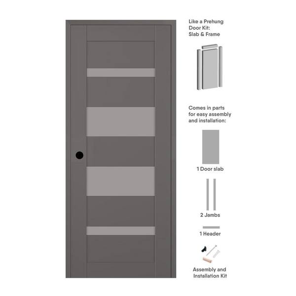 Belldinni Mirella DIY-Friendly 28 in. x 84 in. Right-Hand 5-Lite Frosted Glass Gray Matte Composite Single Prehung Interior Door