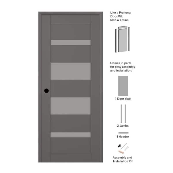 Belldinni Mirella DIY-Friendly 30 in. x 80 in. Right-Hand 4-Lite Frosted Glass Gray Matte Composite Single Prehung Interior Door