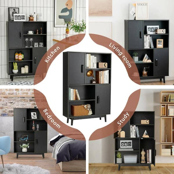 Homfa Storage Cabinet with Doors, Wood Storage Shelf with 2 Fabric Drawers  and Top Storage for Living Room, Dark Brown Finish 