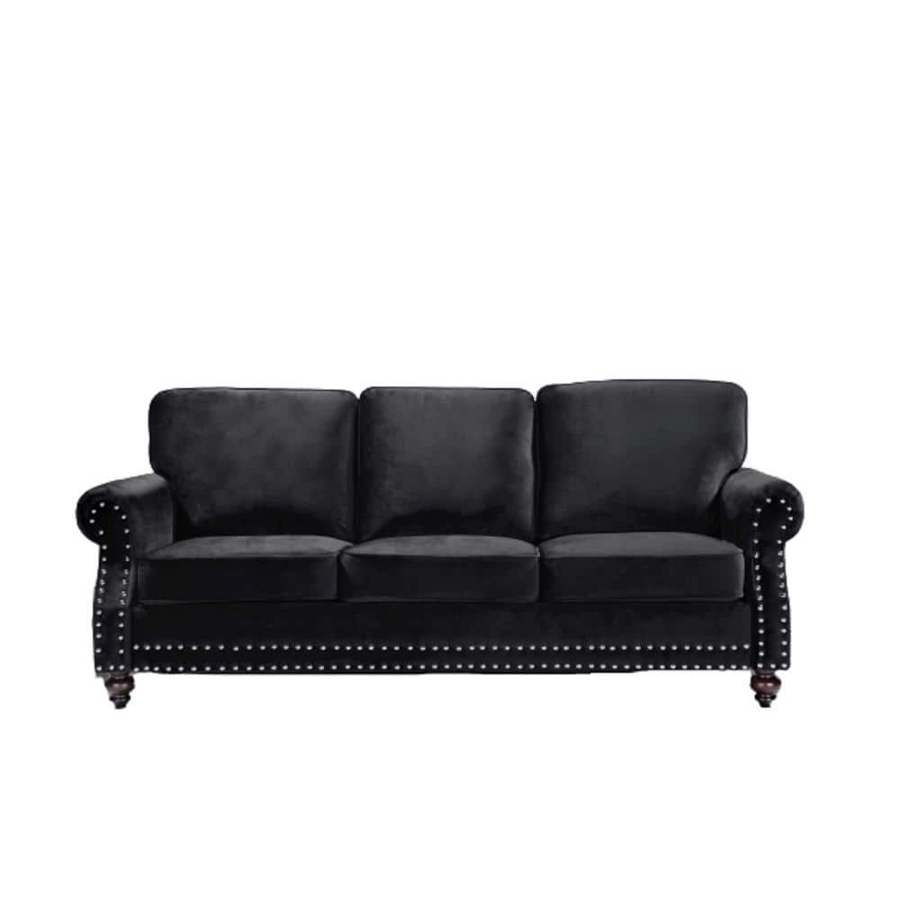 US Pride Furniture Ramos 85 in. W Round Arm 3Seats Black Velvet Nailhead Straight Lawson Sofa
