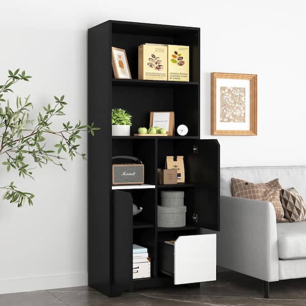 Black 63 in. H Tall Bookcase with 1-Drawer and Shelves 23.6 in. W Freestanding Wooden Storage Cabinet Dresser