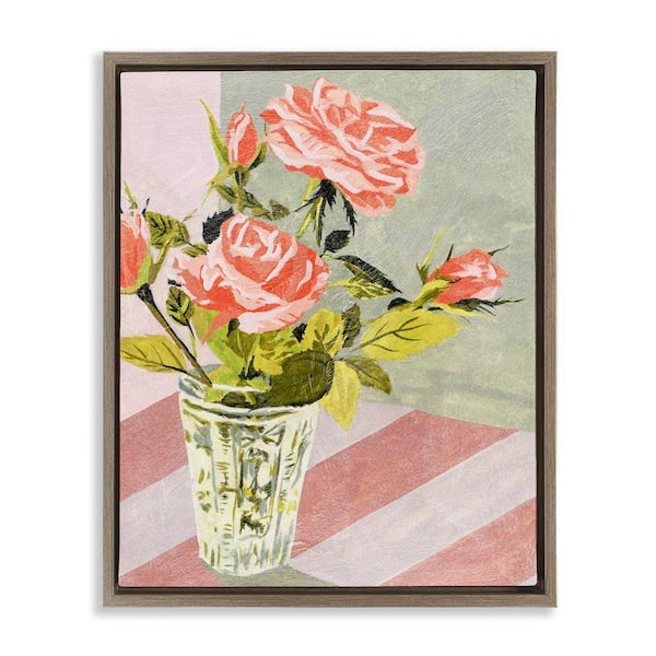Pink Roses on Stripes by Melissa Wang Brown Floater Frame Nature Graphic Art Print 31 in. x 25 in.