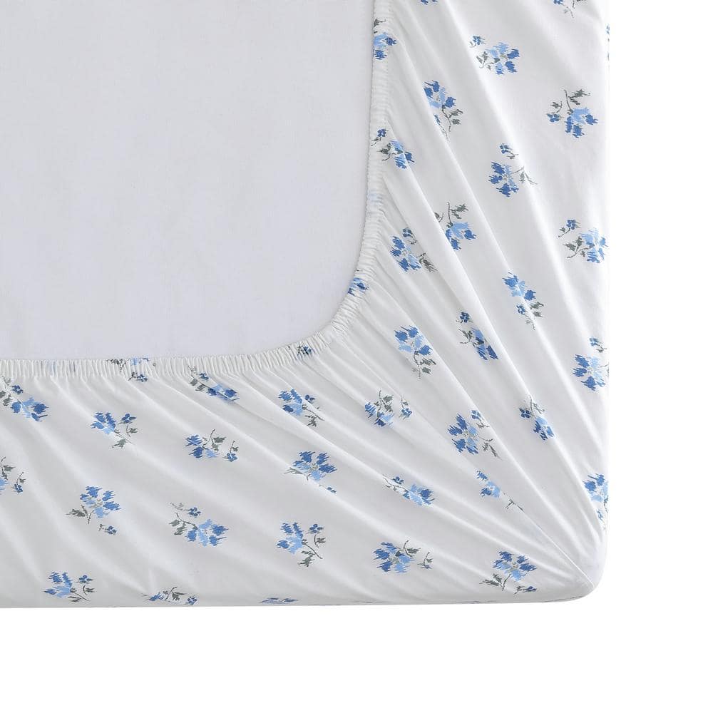 Twin Blue Floral Cotton Percale Deep Pocket Sheet Set
