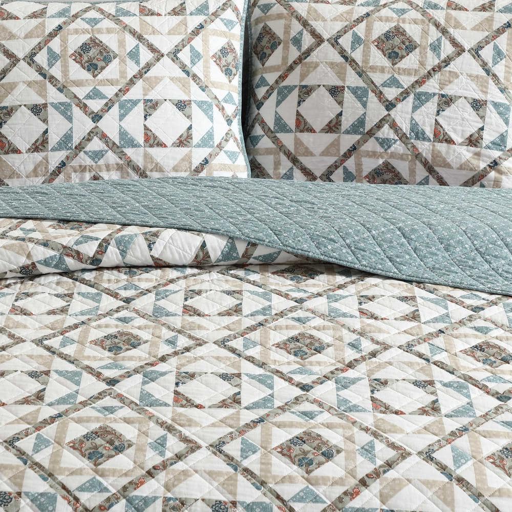 Annie Blue and Beige Cotton Twin Reversible Quilt Set