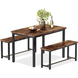 3-Pieace Dining Table Set with 2-Beanch and 1-Rectangle Table, Metal Frame and Wood Top