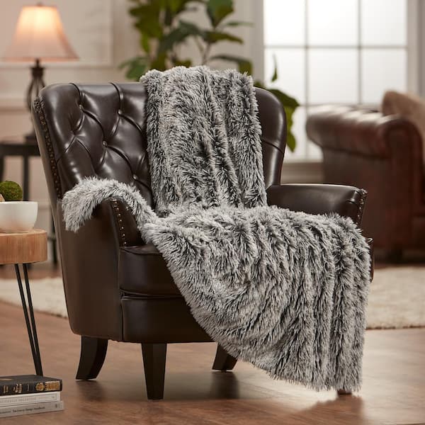 Wolf Frost Tip Black Two Color Polyester Faux Long Fur Throw Blanket - 50 in. x 65 in.