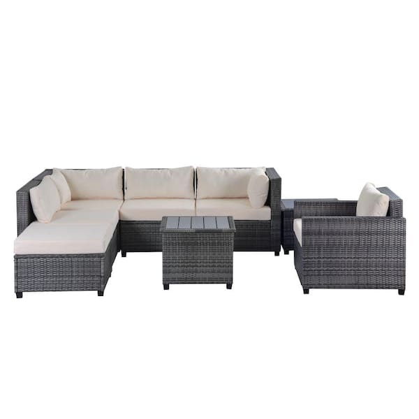 DIRECT WICKER Belle 8-Piece Wicker Outdoor Patio Sectional Seating Group with Beige Cushions
