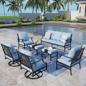 Black Meshed 9-Seat 7-Piece Metal Outdoor Patio Conversation Set with Blue Cushions, 2 Swivel Chairs and 2 Ottomans