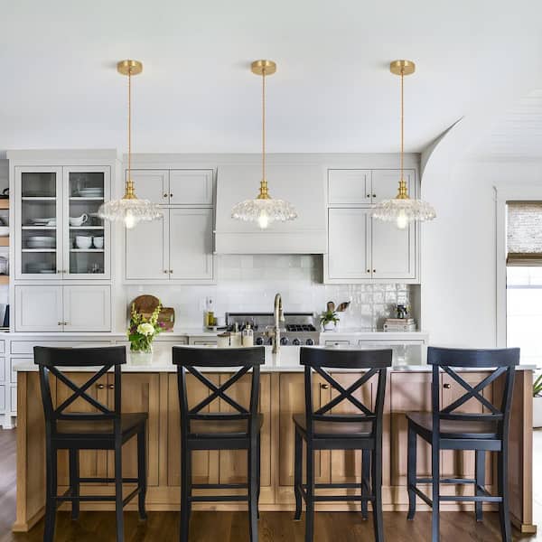 Jasslynn 60W 11.8 in. 1 Light Gold Pendant Light with Flower-Shape Glass Shade, Modern Mid-Century Hanging Island Light