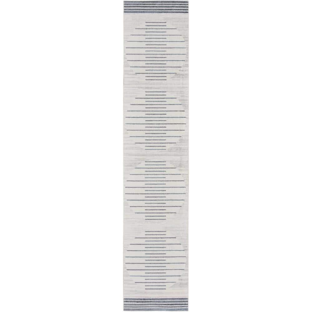 Ivory Blue Synthetic Stripe Runner Rug 2'2" x 8'