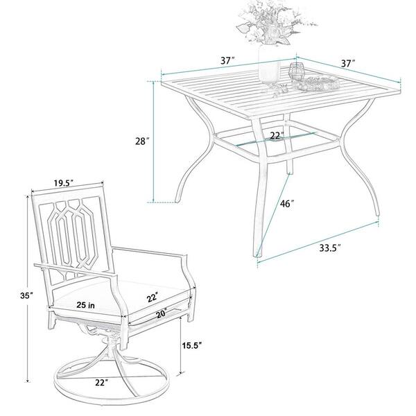 PHI VILLA 5-Piece Black Metal Outdoor Patio Dining Set with