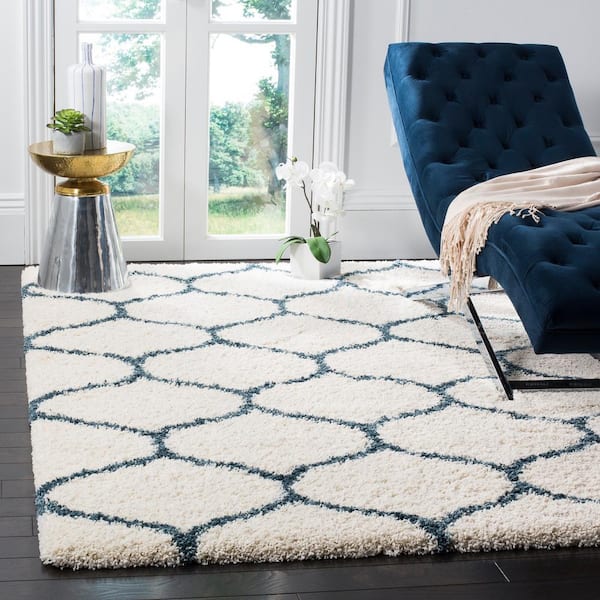 Hudson Shag Ivory/Slate Blue Doormat 3 ft. x 5 ft. Geometric Trellis Area Rug
