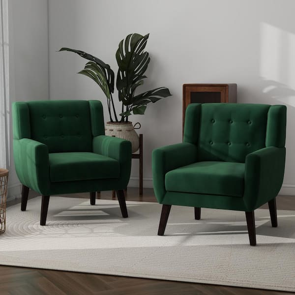 Mid-Century Modern Button Retro Green Velvet Accent Armchair set of 2