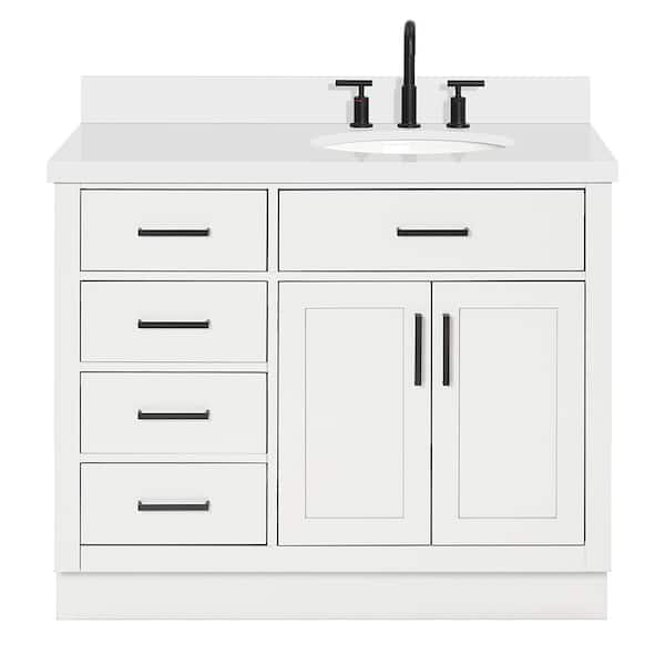 Hepburn 42 in. W x 22 in. D x 36 in. H Bath Vanity in White with White Pure Quartz Vanity Top with White Basin