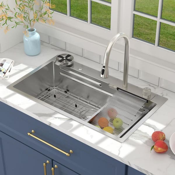 33 in. x 19 in. Drop-In 16-Gauge Stainless Steel Single Bowl Workstation Kitchen Sink with Faucet and Accessories