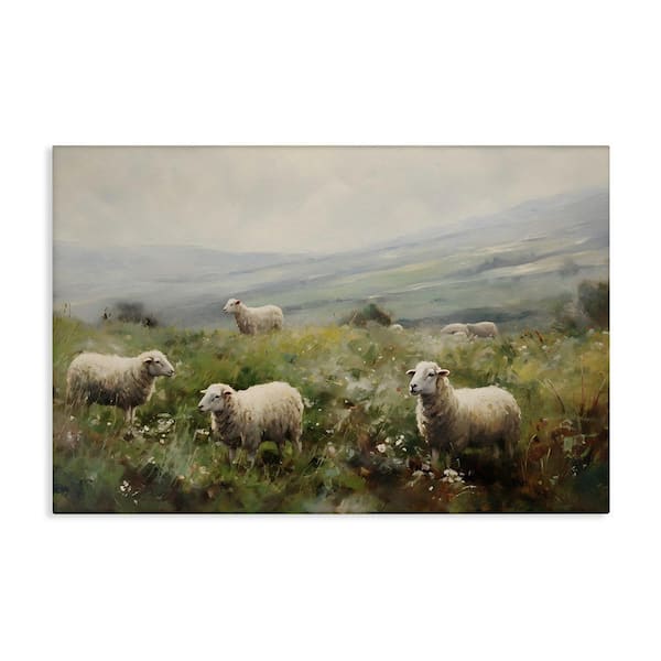 Misty Sheep Pasture by Petal Prints Design 1-Piece Unframed Nature Graphic Art Print 16 in. x 24 in.