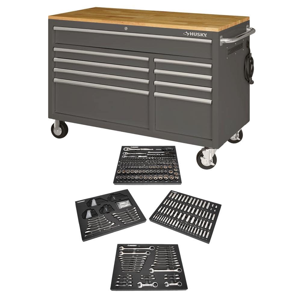 52 in. W x 25 in. D 9-Drawer Gloss Gray Mobile Workbench Tool Chest with Me