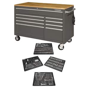 52 in. W x 25 in. D 9-Drawer Gloss Gray Mobile Workbench Tool Chest with Mechanics Tool Set in Foam (320-Piece)