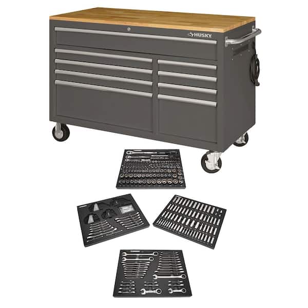 Husky 52 in. W x 25 in. D 9-Drawer Gloss Gray Mobile Workbench Tool Chest with Mechanics Tool Set in Foam (320-Piece)