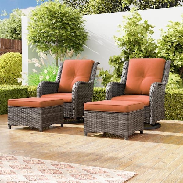 JOYSIDE 4-Piece Wicker Patio Outdoor Conversation Rocking Chair Set with Orange Cushions