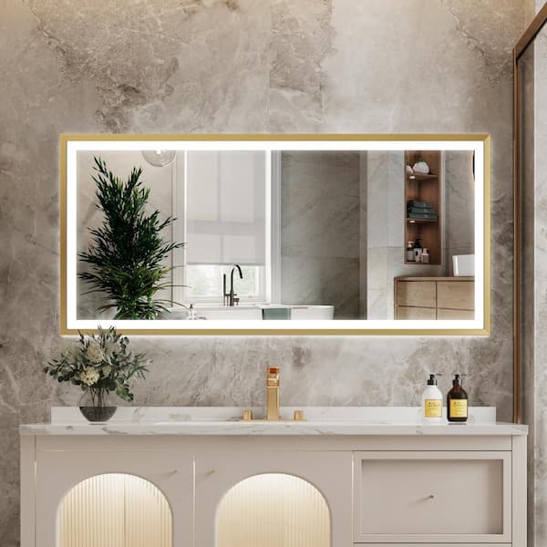 WELLFOR LUKY 60 in. W x 28 in. H Rectangular Single Aluminum Framed Antifog Dimmable Wall Bathroom Vanity Mirror in Brushed Gold
