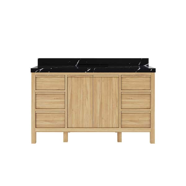 Willow Collections Elizabeth Teak 60 in. W x 22 in. D x 36 in. H Single Sink Bath Vanity in Light Natural with 2" Calacatta Black Qt. Top
